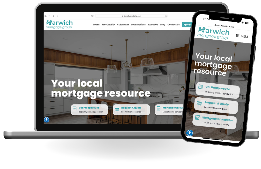 A mockup and a Vonk Digital mortgage website on desktop and mobile.