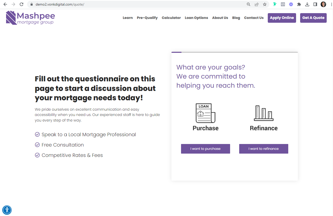 A screen shot of a mortgage sales funnel for loan officers, mortgage brokers, and mortgage branches, and mortgage lenders that shows a call to action to fill out a multi step form. 